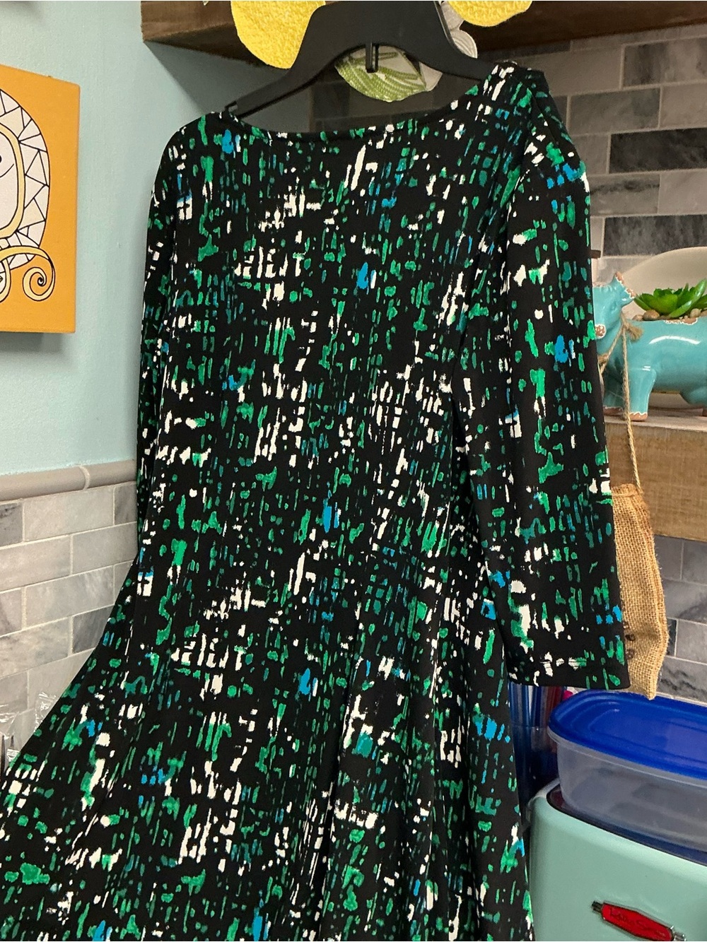 A.P.t Black Abstract Print Long Sleeve Dress with Green Wrapped around